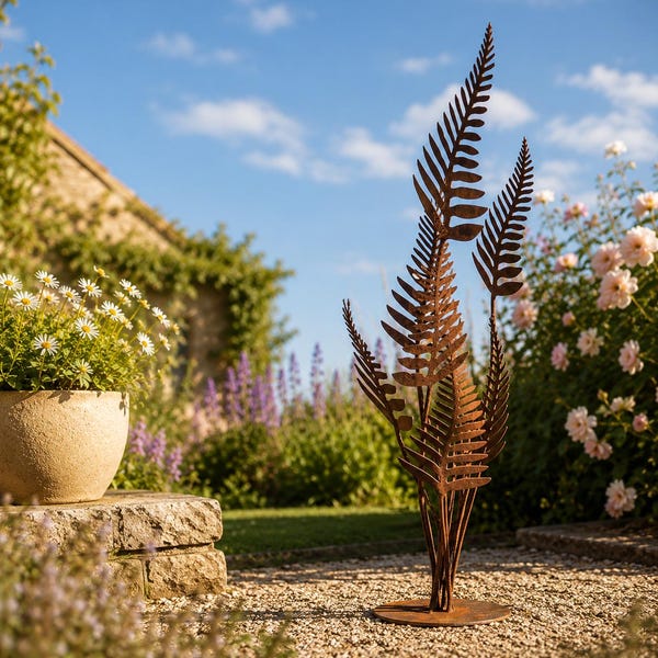 Varensculptuur met varenbladeren - tuinbeeldhouwwerk Rustiek roestig tuinkunst Tuinkunst aanwezig cadeau-idee