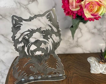 Yorkshire Terrier Westie Dog Pet Memorial Brushed Steel Sculpture Home  Interior Design Present Gift Idea