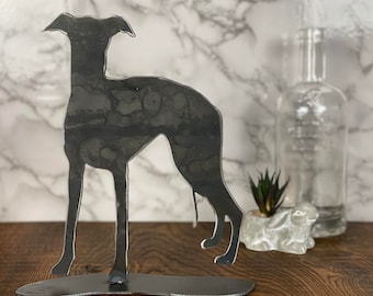 Whippet de pie, galgo de carreras, decoración del hogar en acero cepillado, diseño de interiores, regalo ideal