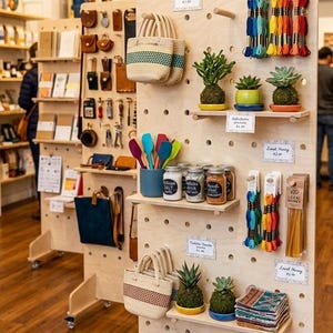 May include: A shop display of handcrafted goods. It features woven bags, small potted plants, colourful embroidery threads, and jars of spices. The display is made of light wood and is well-lit, highlighting the products on offer.