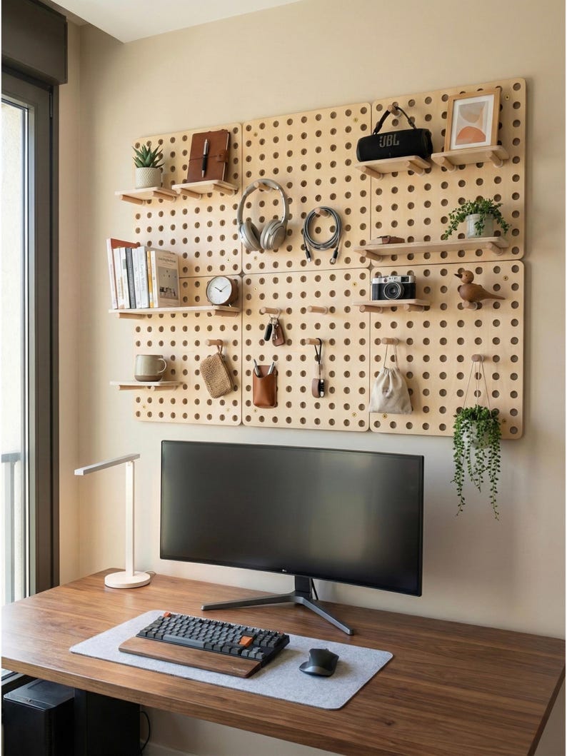 Minimalistisk träpärlplatta, modulär väggorganisatör för skrivbord och hemmakontor, skandinavisk inredning, baltisk björk 6 Panel Kit