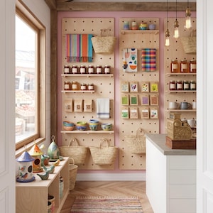 May include: A retail space featuring light wood pegboard walls displaying woven straw baskets, glass jars, colorful kitchen towels, and small seed packets. A low wooden shelf holds ceramic birdhouses, while a striped rug sits on the floor.