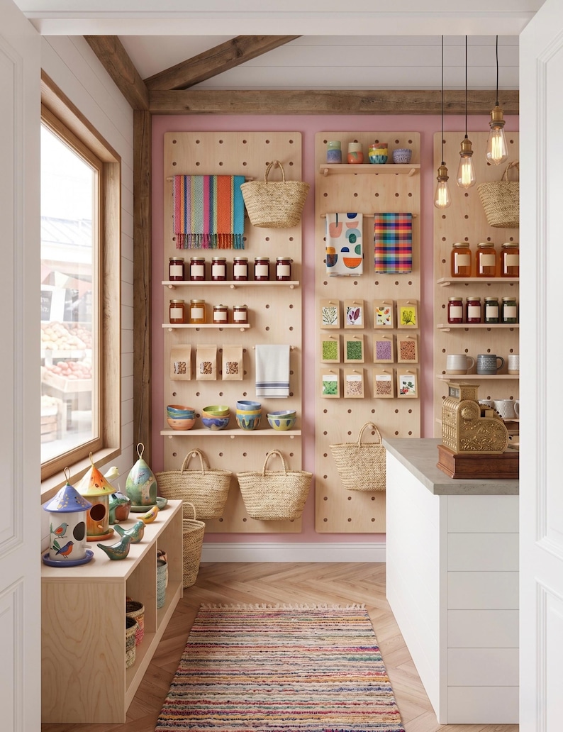 May include: A retail space featuring light wood pegboard walls displaying woven straw baskets, glass jars, colorful kitchen towels, and small seed packets. A low wooden shelf holds ceramic birdhouses, while a striped rug sits on the floor.