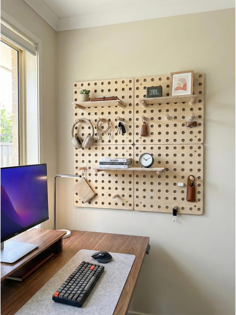 Minimalistisk träpärlplatta, modulär väggorganisatör för skrivbord och hemmakontor, skandinavisk inredning, baltisk björk 4 Panel Kit