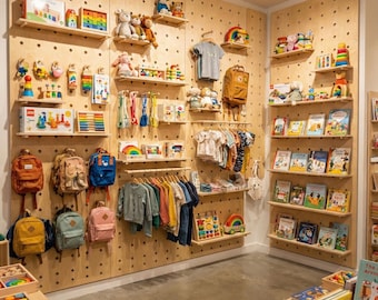 Sistema moderno de pared de tablero perforado de madera para organización del hogar y exhibición en tiendas.