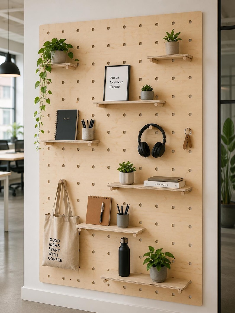 May include: A large light-colored wooden pegboard wall organizer featuring multiple adjustable shelves holding potted plants, a framed sign reading Focus Connect Create, a black notebook, pens, headphones, a tote bag with text, and a water bottle.