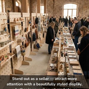 May include: A busy craft market showcasing handmade items on wooden displays. Customers are seen browsing a range of products, such as bags, pottery, and jewellery. The image includes the text: "Stand out as a seller - attract more attention with a beautifully styled display."