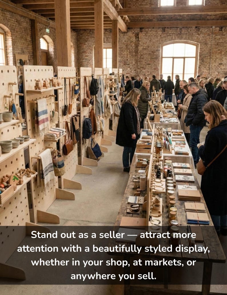 May include: A busy craft market showcasing handmade items on wooden displays. Customers are seen browsing a range of products, such as bags, pottery, and jewellery. The image includes the text: "Stand out as a seller - attract more attention with a beautifully styled display."