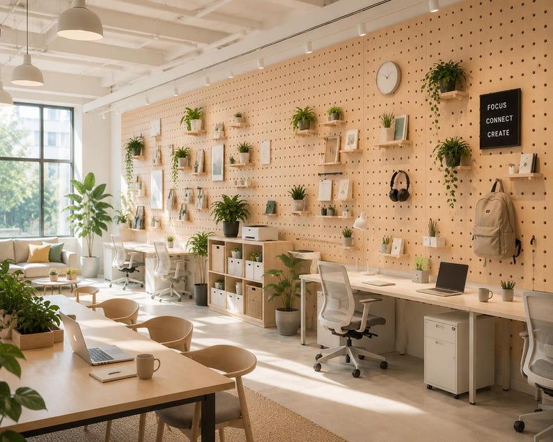 May include: A large office space featuring a light wood pegboard wall with various shelves, potted plants, a clock, and a black sign with the text FOCUS CONNECT CREATE. The room includes multiple desks, white office chairs, a laptop, and a backpack.