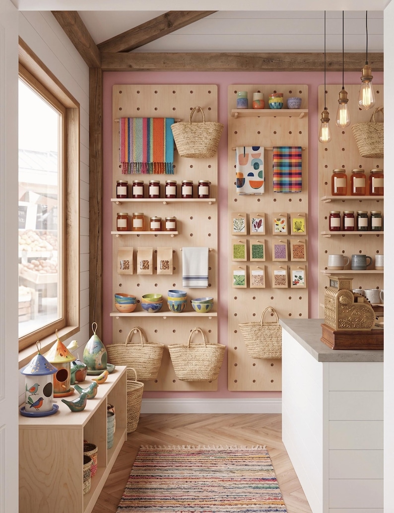May include: A shop interior with wooden pegboards displaying a variety of goods. Jars of preserves, woven baskets, and colourful textiles are arranged on shelves. Ceramic bowls and a cash register are also visible. A striped rug lies on the wooden floor.