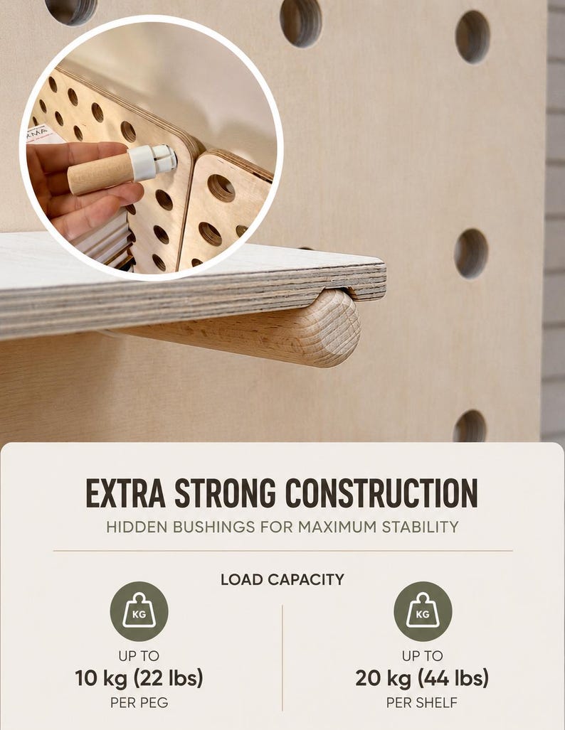 May include: A light-colored wooden pegboard system featuring a shelf supported by a wooden peg. The text reads: EXTRA STRONG CONSTRUCTION, HIDDEN BUSHINGS FOR MAXIMUM STABILITY, LOAD CAPACITY, UP TO 10 kg (22 lbs) PER PEG, 20 kg (44 lbs) PER SHELF.