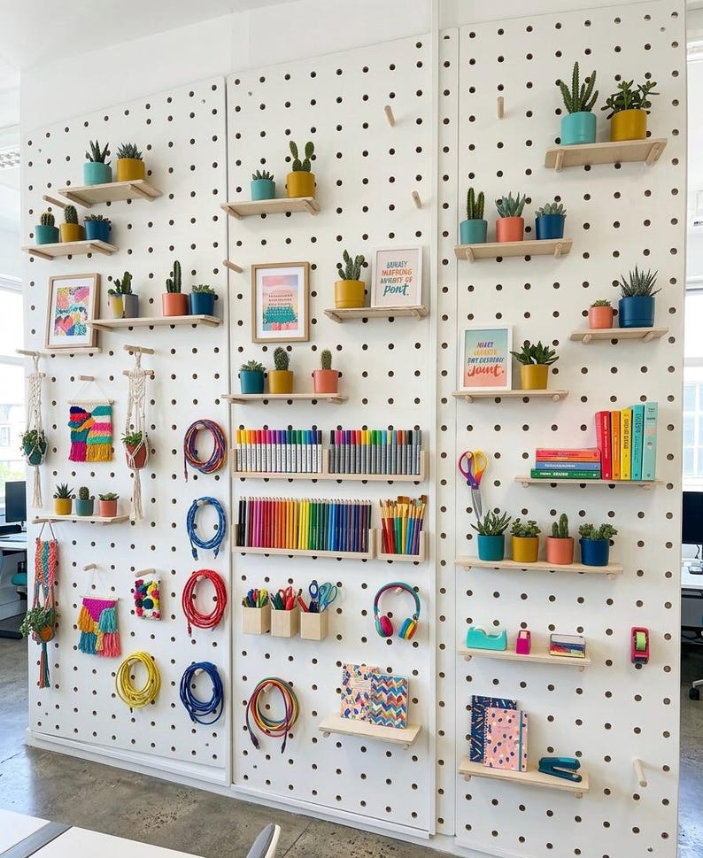 White Modern Wooden Pegboard Wall System for Home Organization and Retail Displays image 3