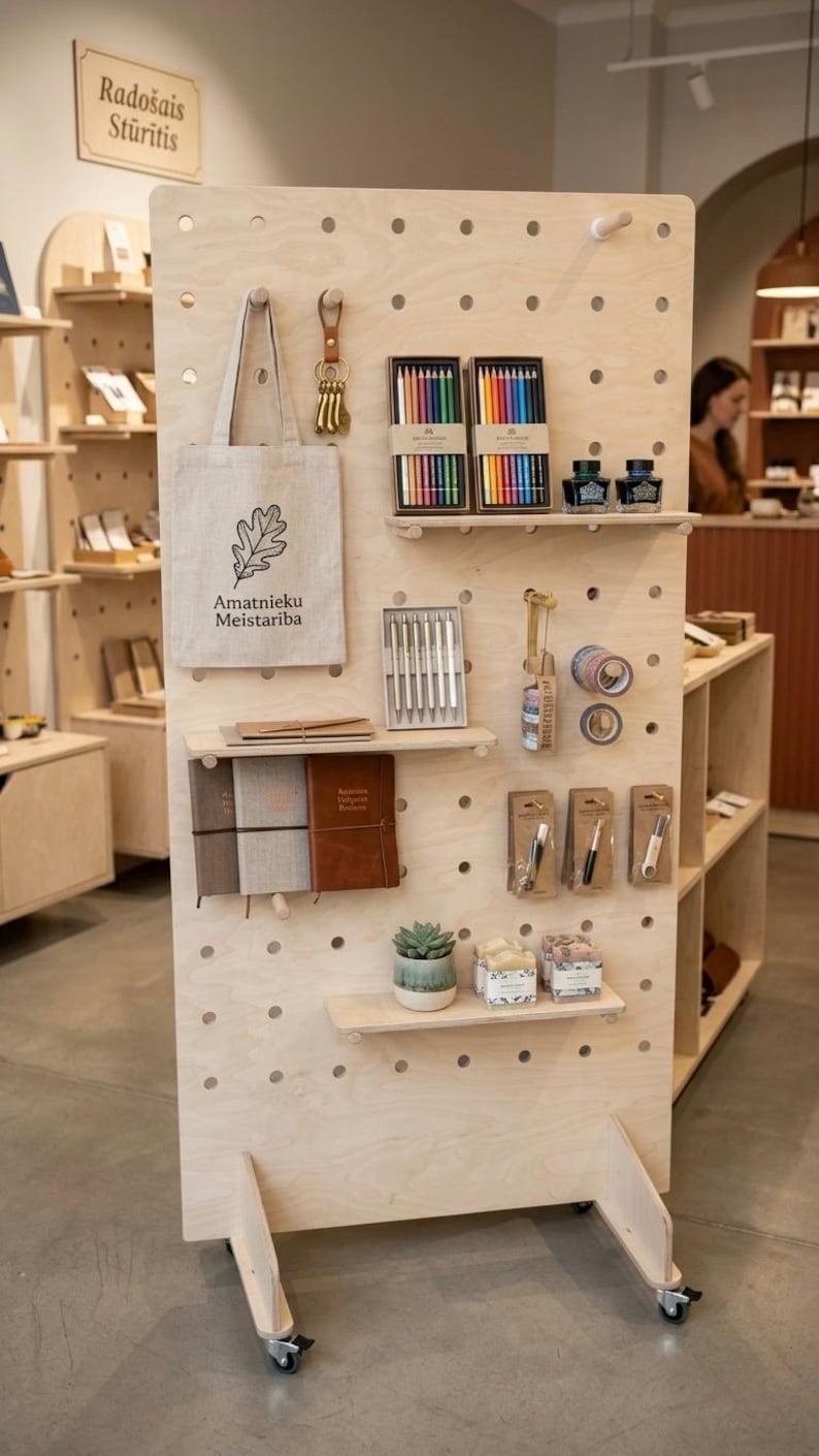 May include: A wooden display stand showcasing stationery products. The display includes colored pencils, ink bottles, notebooks, pens, washi tape, and a tote bag with a leaf logo. The stand is on wheels and has a sign that reads "Rado&scaron;ais Stūritis".