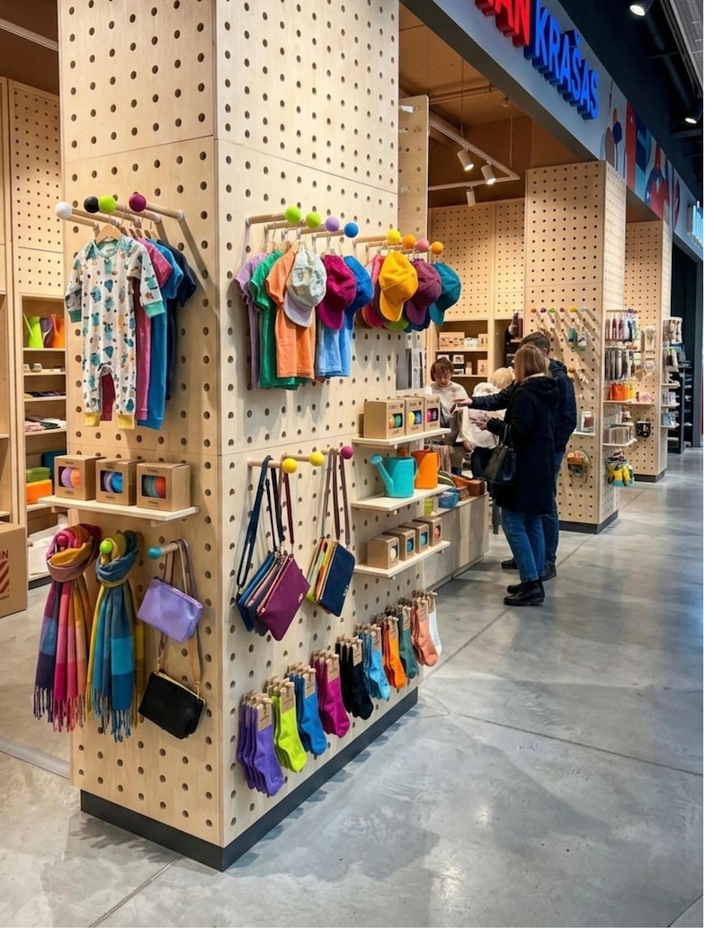 Op de afbeelding: Een winkeldisplay van lichtgekleurde geperforeerde houten panelen met diverse artikelen zoals kleurrijke kleding, hoeden, sjaals, kleine handtassen en sokken die aan houten haringen met felgekleurde bolvormige uiteinden hangen.
