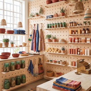 May include: A bright shop interior with wooden shelving and pegboard walls showcasing a range of products. Terracotta pots, glass jars, soaps, and textiles are visible. Hanging aprons and woven baskets enhance the shop's design. A cash register is on the counter.
