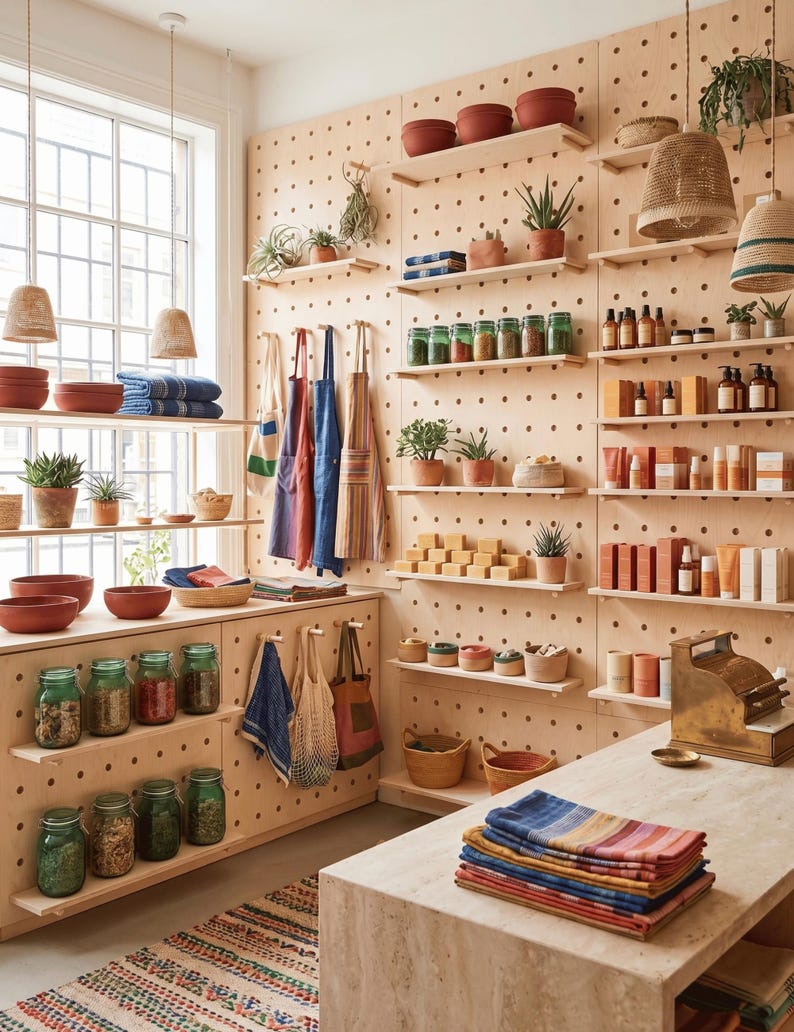 May include: A bright shop interior with wooden shelving and pegboard walls showcasing a range of products. Terracotta pots, glass jars, soaps, and textiles are visible. Hanging aprons and woven baskets enhance the shop's design. A cash register is on the counter.