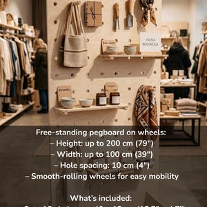 Wheeled Freestanding Wooden Pegboard Display Stand | Market Booth Retail Rack image 2