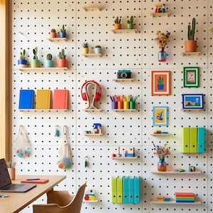 May include: A white pegboard wall with a variety of items displayed on small wooden shelves. These include potted cacti, colourful books, a camera, headphones, pencils, framed art, and decorative binders. A wooden desk and chair are in the foreground.