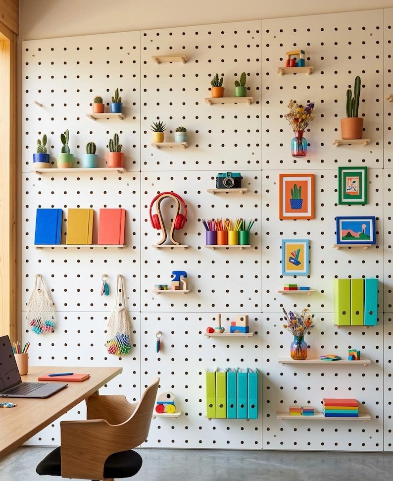 May include: A white pegboard wall with a variety of items displayed on small wooden shelves. These include potted cacti, colourful books, a camera, headphones, pencils, framed art, and decorative binders. A wooden desk and chair are in the foreground.
