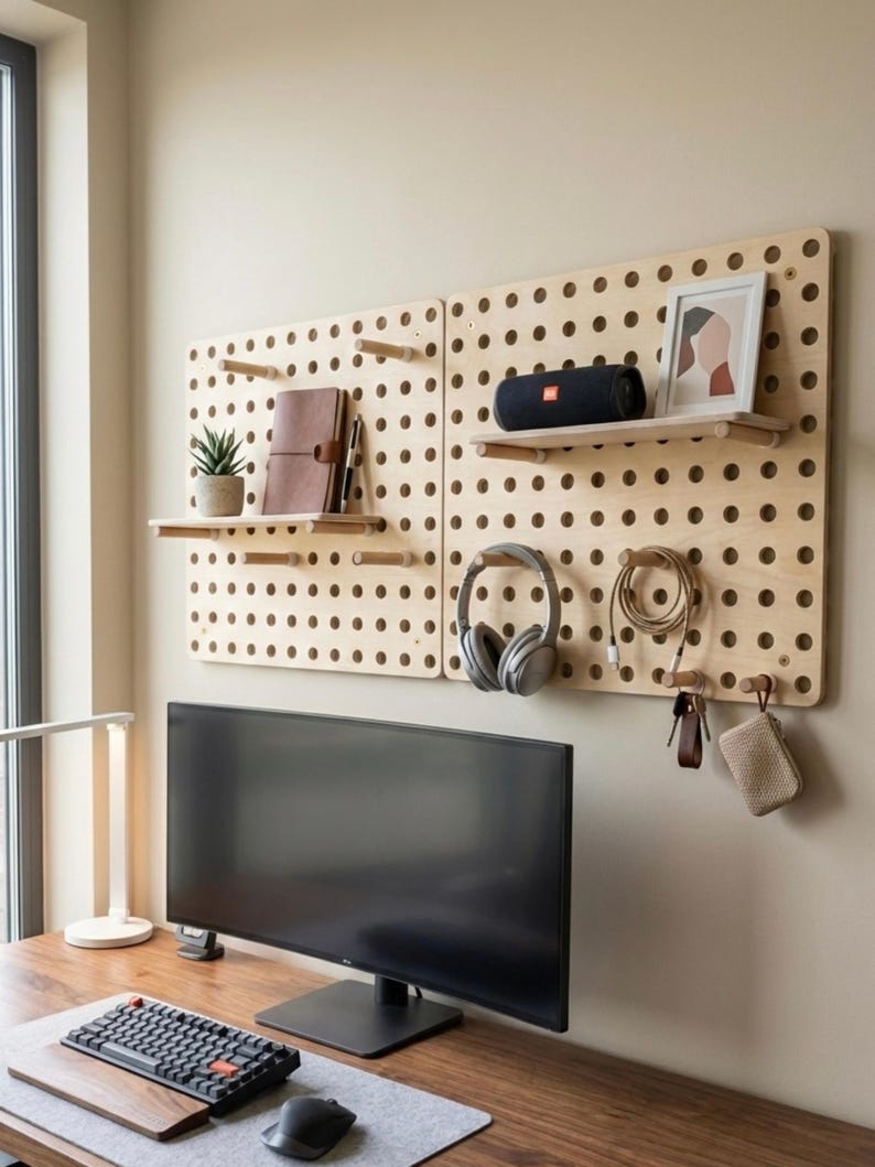 Minimalistisk träpärlplatta, modulär väggorganisatör för skrivbord och hemmakontor, skandinavisk inredning, baltisk björk 2 Panel Kit