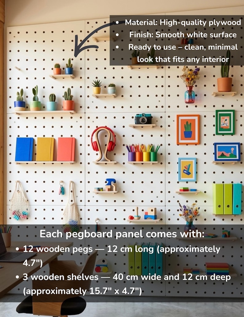 May include: A white pegboard with a black dot pattern, showcasing small potted plants, framed art, and office supplies on wooden shelves. The pegboard includes 12 wooden pegs (12 cm) and 3 shelves (40 cm x 12 cm).