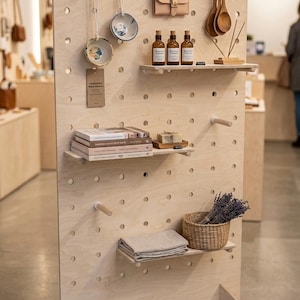 May include: A wooden display stand with a pegboard design, showcasing various items. It includes small bowls, leather goods, bottles, wooden spoons, books, soap, a basket of lavender, and folded linens. The stand is on wheels.