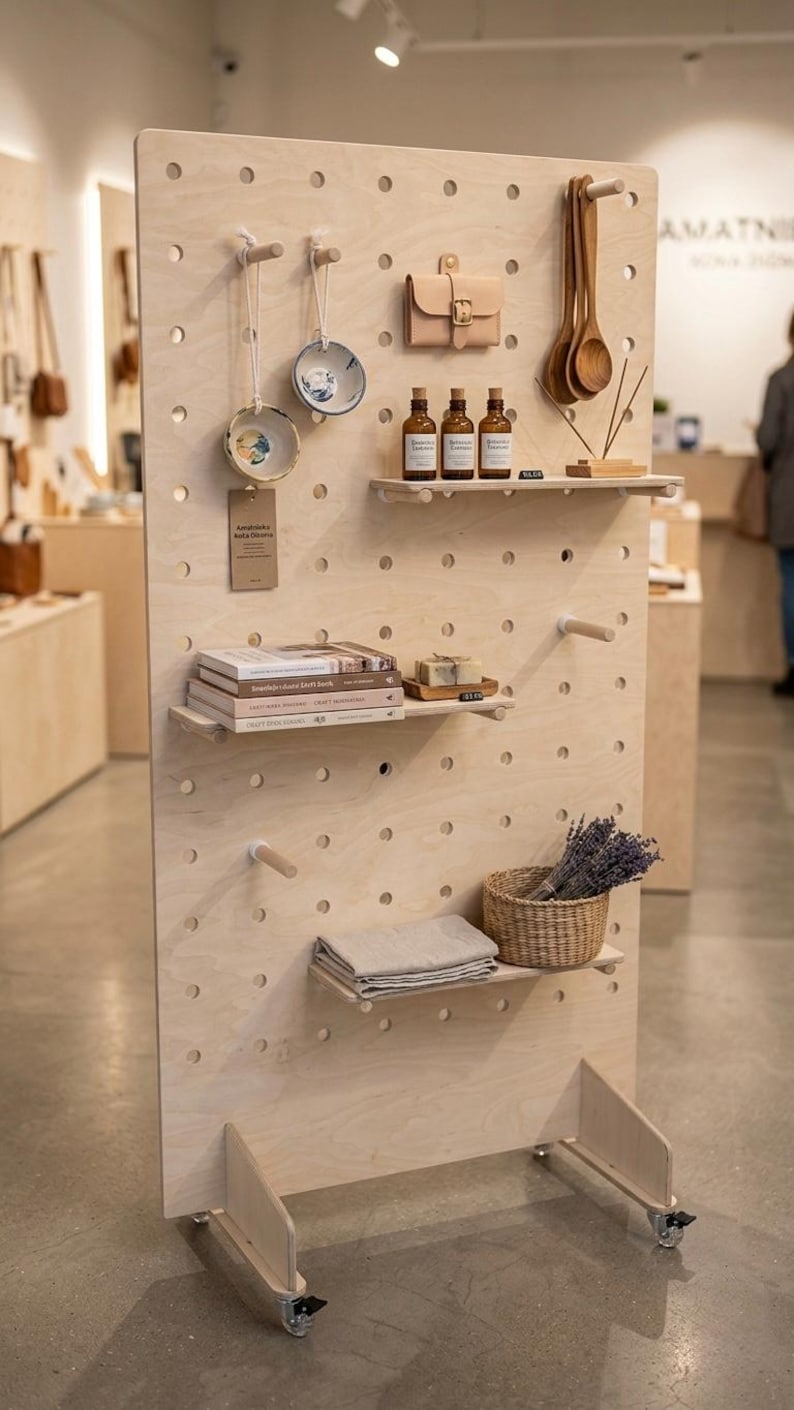 May include: A wooden display stand with a pegboard design, showcasing various items. It includes small bowls, leather goods, bottles, wooden spoons, books, soap, a basket of lavender, and folded linens. The stand is on wheels.
