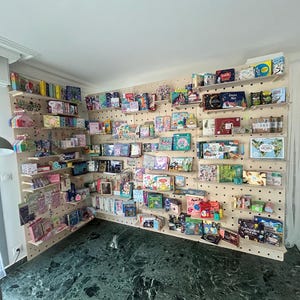 May include: A display of various books and small items arranged on wooden shelves attached to a pegboard wall. The items include books of different sizes, colors, and designs, along with other decorative items. The wall is light-colored, and the shelves are evenly spaced.