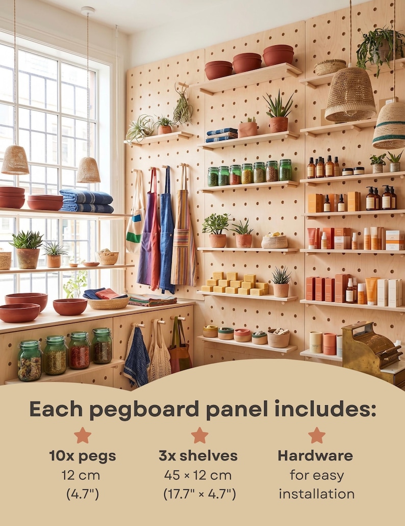 Op de afbeelding: Een lichtgekleurd houten pegboard-wandsysteem met meerdere planken met potten, planten en textiel. De tekst vermeldt dat elk paneel 10 haringen van 12 cm, 3 planken van 45 x 12 cm en hardware voor eenvoudige installatie bevat.