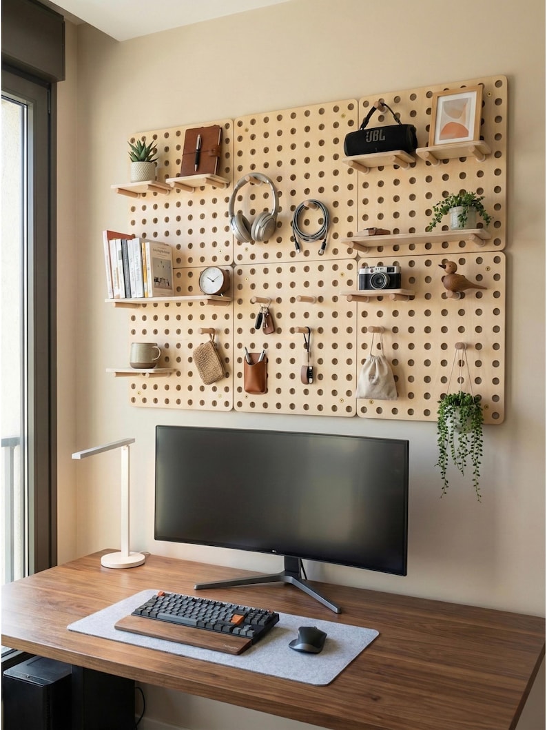 Grande mensola a muro in legno con pannelli forati / Betulla baltica, stile scandinavo 6 Panel Kit