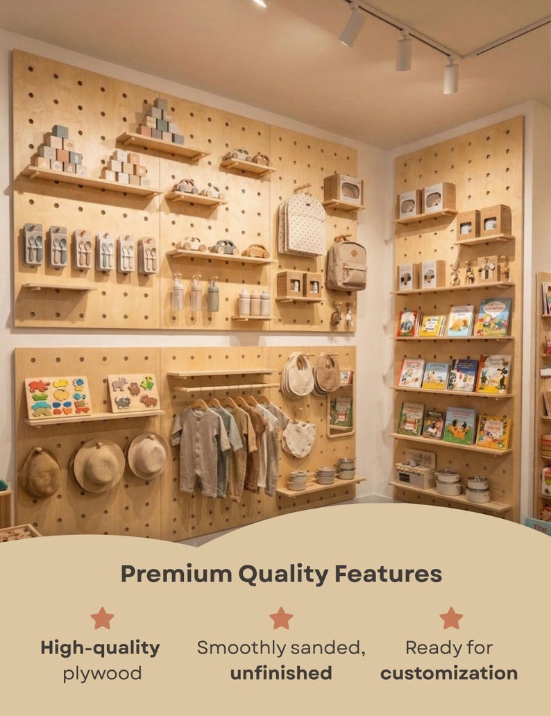 May include: A light-colored wooden pegboard wall display system featuring multiple adjustable shelves and hooks. The modular unit is constructed from high-quality plywood with a smooth, unfinished surface, designed for versatile retail storage.