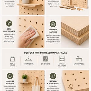 May include: A modular light-colored birch plywood pegboard display system featuring multiple panels, shelves, and wooden pegs. The system includes text labels for retail safe, flexible configurations, low maintenance, durable material, and modular design.