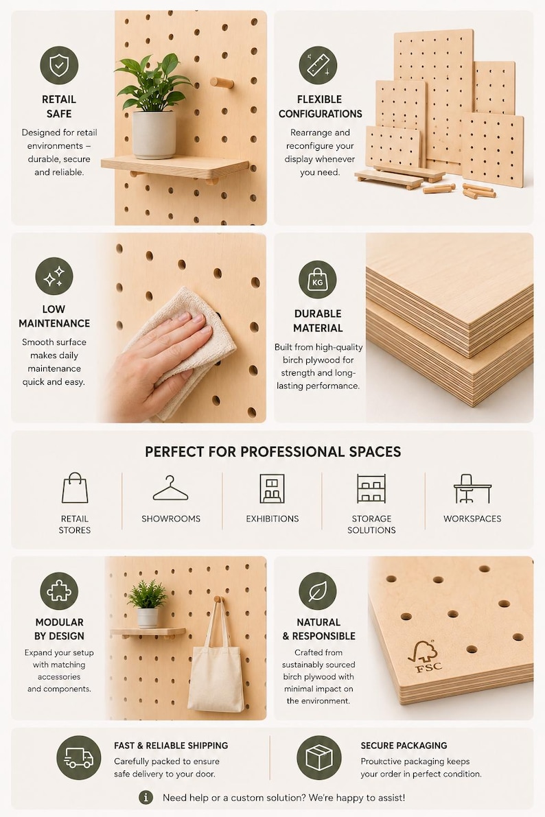 May include: A modular light-colored birch plywood pegboard display system featuring multiple panels, shelves, and wooden pegs. The system includes text labels for retail safe, flexible configurations, low maintenance, durable material, and modular design.