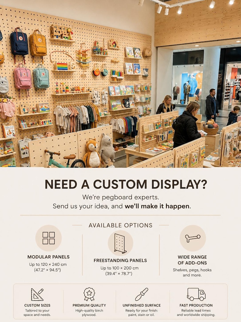 May include: A large light-colored wooden pegboard wall display featuring various shelves, hooks, and pegs holding backpacks, children's clothing, books, and toys. The display includes text advertising custom modular and freestanding panel options.