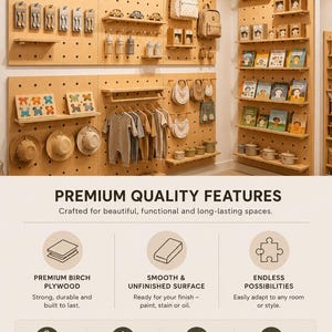 May include: A modular light-colored wooden pegboard wall display system featuring multiple shelves, hooks, and hanging rods. The display holds various items including children's clothing, books, small toys, backpacks, and hats, showcasing a versatile storage solution.