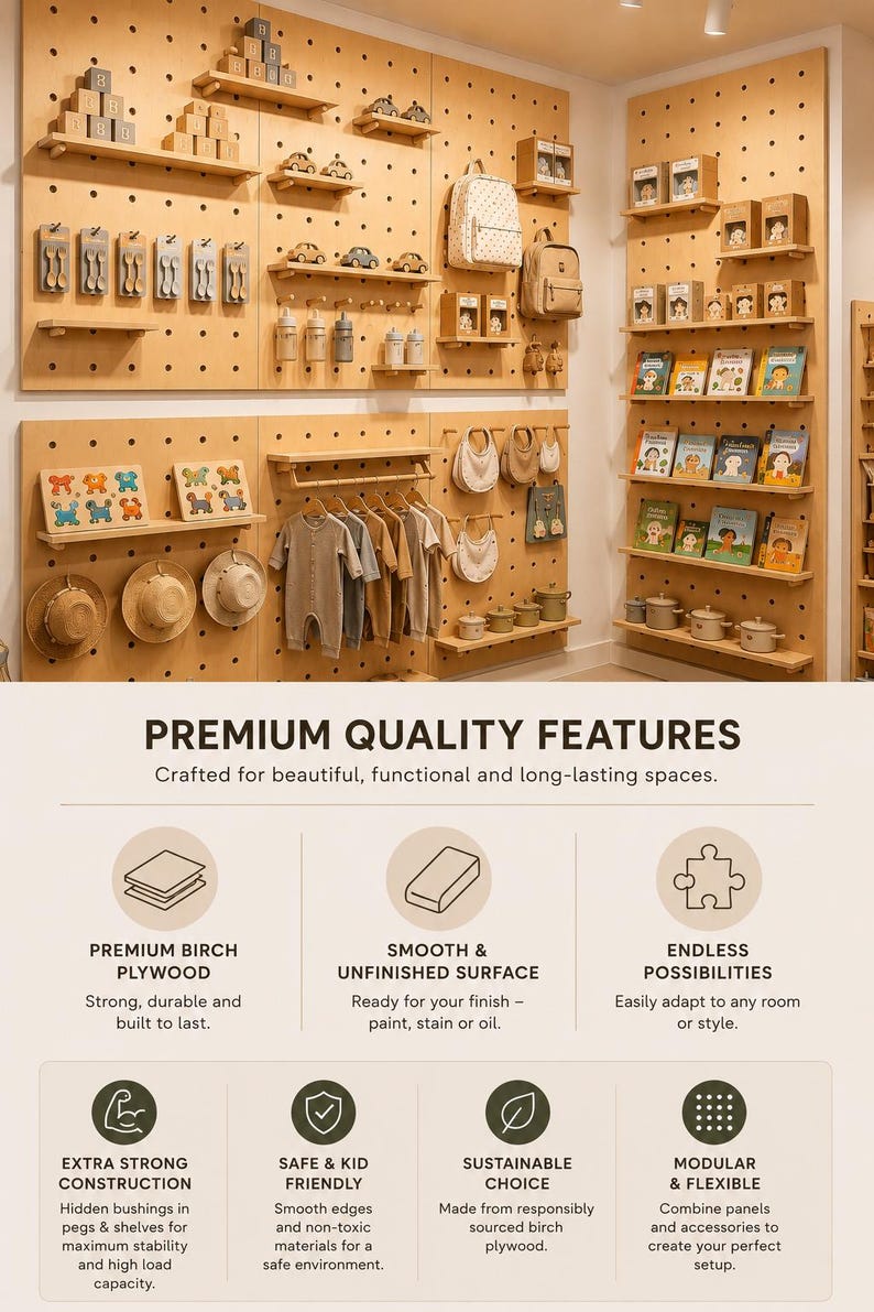 May include: A modular light-colored wooden pegboard wall display system featuring multiple shelves, hooks, and hanging rods. The display holds various items including children's clothing, books, small toys, backpacks, and hats, showcasing a versatile storage solution.