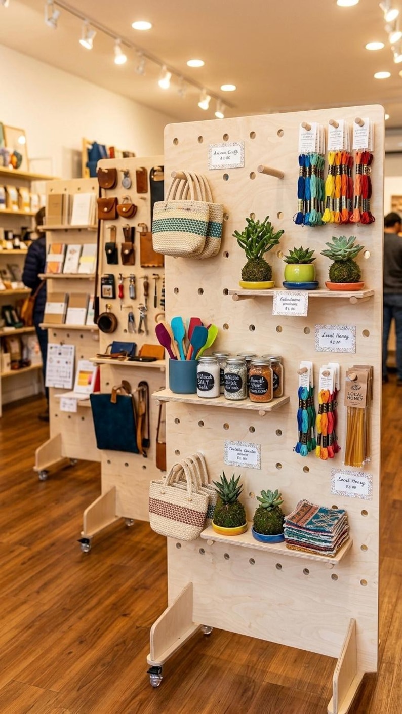 May include: A shop display of handcrafted goods. It features woven bags, small potted plants, colourful embroidery threads, and jars of spices. The display is made of light wood and is well-lit, highlighting the products on offer.