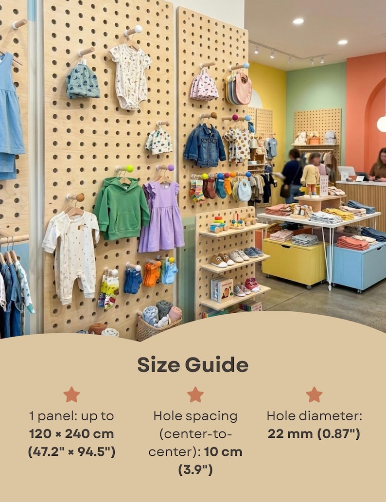 May include: A light-colored wooden pegboard display panel featuring a grid of holes. The size guide text indicates one panel measures up to 120 x 240 inches, with a hole spacing of 3.9 inches and a hole diameter of 0.87 inches for this display system.