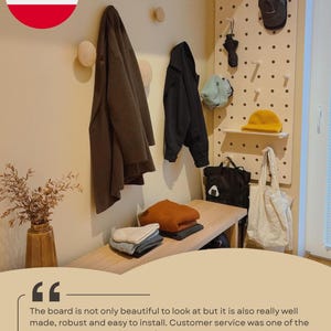 May include: A light-colored wooden pegboard mounted on a wall, featuring multiple pegs and a small shelf. The board holds a black cap, a black umbrella, a light blue hat, a yellow beanie, a black backpack, and a white tote bag.