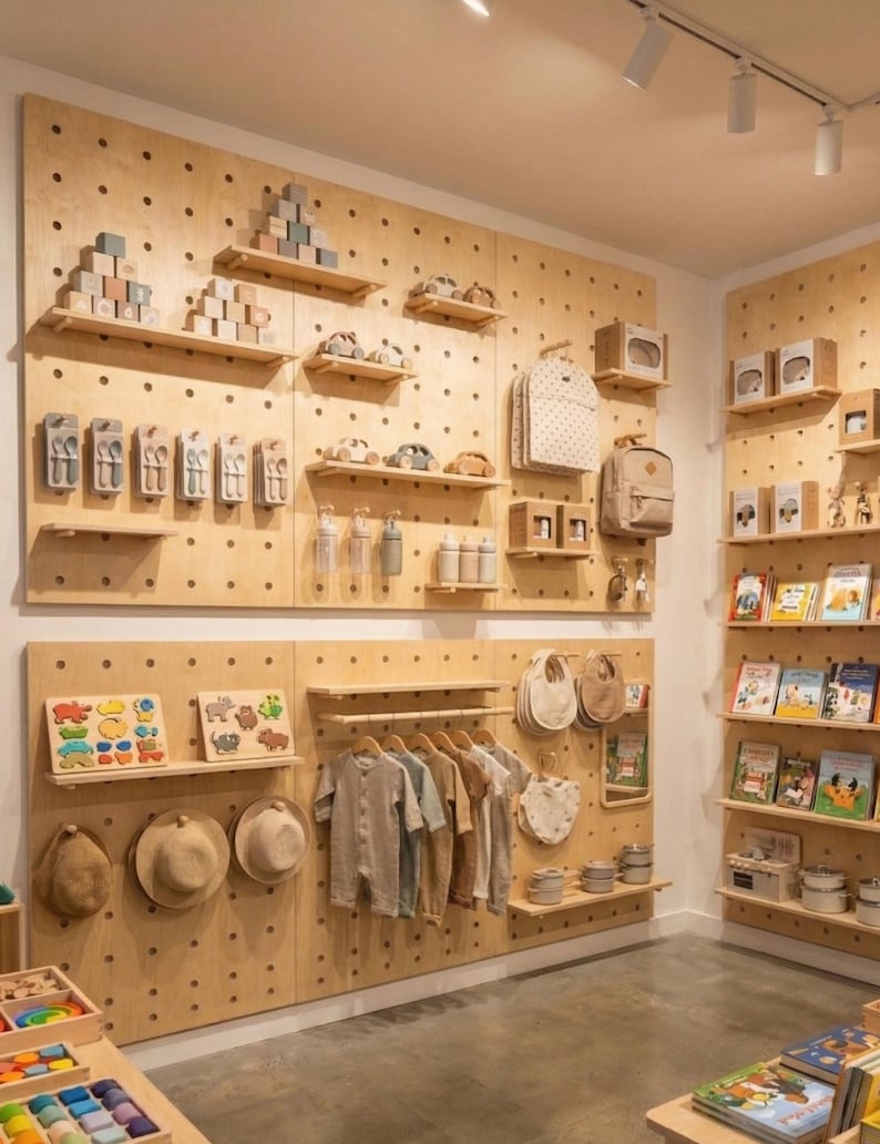 Op de afbeelding: Een winkelwand met licht houten pegboard-panelen en meerdere planken met houten speelgoed, kinderkleding, hoeden, boeken en accessoires. De georganiseerde opstelling bevat diverse artikelen zoals puzzels, kleine voertuigen en babykleding.