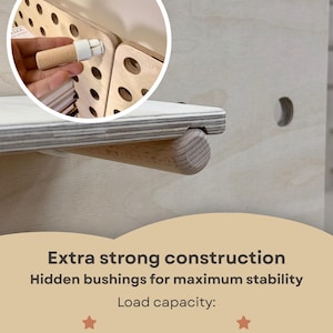 May include: A light-colored wooden pegboard system featuring a shelf supported by a cylindrical wooden peg. The text states: Extra strong construction, Hidden bushings for maximum stability, Load capacity: Up to 10 kg (22 lbs) per peg, Up to 20 kg (44 lbs) per shelf.