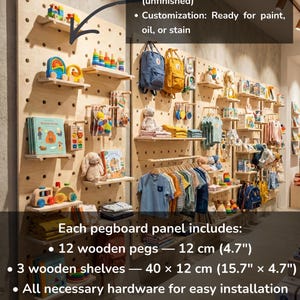 May include: Unfinished plywood pegboard panels with shelves and wooden pegs. The pegboard includes 12 wooden pegs (12 cm) and 3 shelves (40 x 12 cm). Ready for paint, oil, or stain. Made of high-quality plywood.
