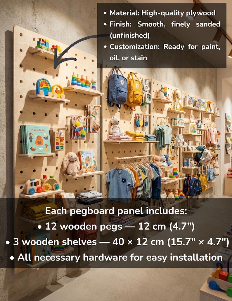 May include: Unfinished plywood pegboard panels with shelves and wooden pegs. The pegboard includes 12 wooden pegs (12 cm) and 3 shelves (40 x 12 cm). Ready for paint, oil, or stain. Made of high-quality plywood.