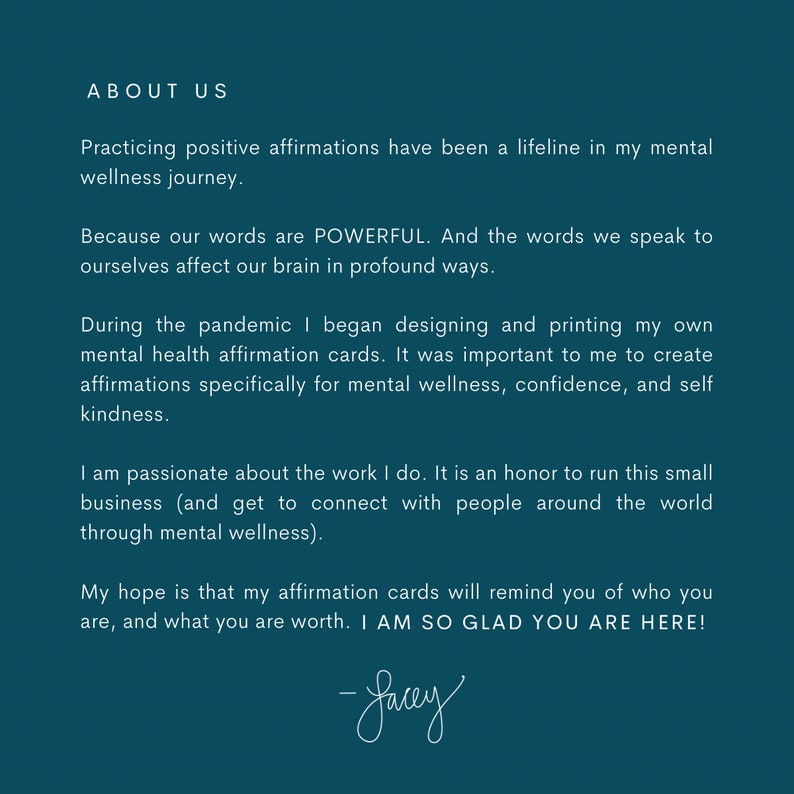 K&ouml;nnte beinhalten: T&uuml;rkisfarbener Hintergrund mit wei&szlig;em Text &uuml;ber die Bedeutung von positiven Affirmationen f&uuml;r das mentale Wohlbefinden. Der Text enth&auml;lt den Ausdruck "POWERFUL" und die Unterschrift "facey".