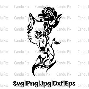 Puede incluir: Ilustración en blanco y negro de una cabeza de lobo con una rosa que crece de su cuello. La cabeza del lobo está estilizada y la rosa está detallada con pétalos y hojas.