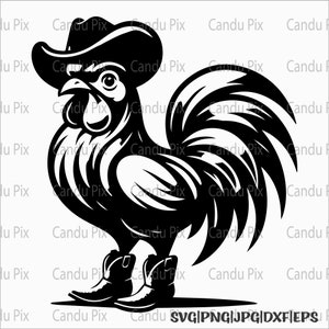 May include: A black and white illustration of a rooster wearing a cowboy hat and boots. The rooster is standing with its tail feathers spread out behind it.