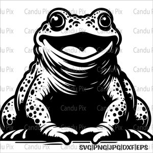 Könnte beinhalten: Schwarz-Weiß-Illustration eines lächelnden Frosches. Der Frosch hat große Augen, einen breiten Mund und einen strukturierten Körper mit Flecken. Diese digitale Grafik eignet sich für verschiedene Designanwendungen.