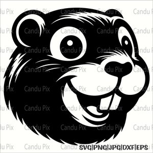 May include: Black and white illustration of a cartoon beaver with a wide smile and large eyes. The beaver's fur is detailed with individual hairs.