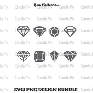 May include: A set of eight black and white diamond and square gem icons. The icons are arranged in three rows. The text "Gem Collection" and "SVG| PNG DESIGN BUNDLE" are at the top and bottom of the image.