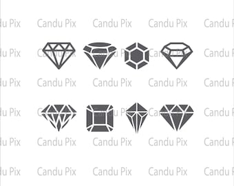 May include: A set of eight black and white diamond and square gem icons. The icons are arranged in three rows. The text "Gem Collection" and "SVG| PNG DESIGN BUNDLE" are at the top and bottom of the image.